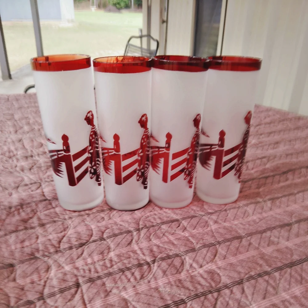 Vintage MCM Noritake Frosted Ruby Red Tall Collins Drinking Glasses Barware Bar